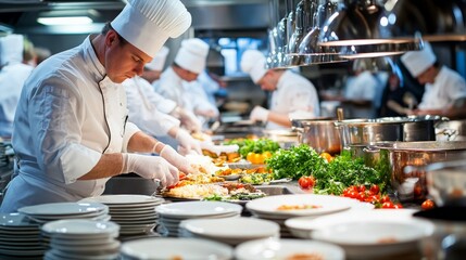 Professional Chefs Preparing Food in a Restaurant Kitchen.