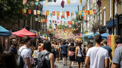 Crowded Street Market with Colorful Flags and Decorations.