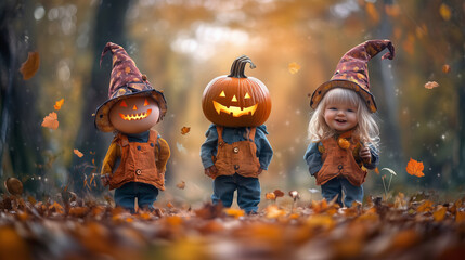 Happy Halloween banner or party invitation background with clouds, bats and pumpkins in paper cut style. Vector illustration. Full moon in orange sky, spiders web and witch cauldron. Place for text 