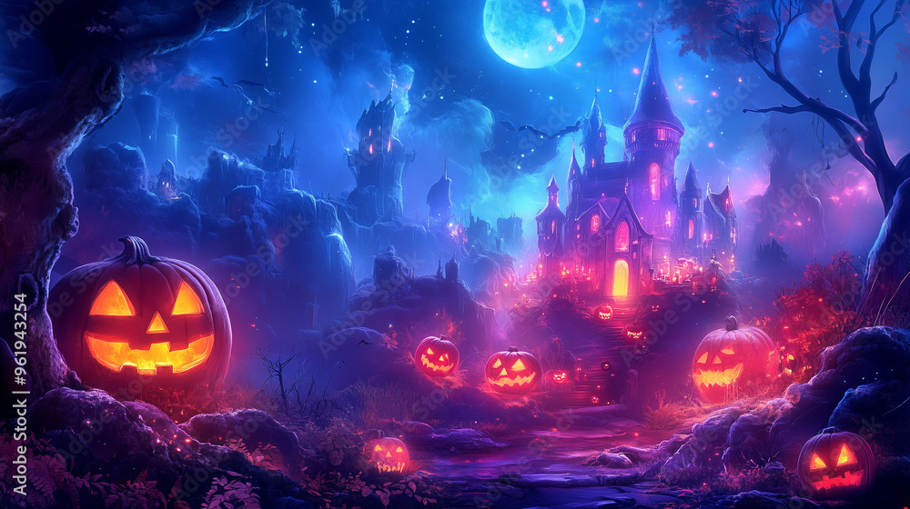 Fototapete happy halloween banner or party invitation background with clouds, bats and pumpkins in paper cut st