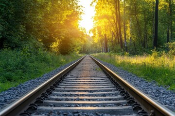 Obraz premium Sunset view of railway tracks lined with green trees in summer