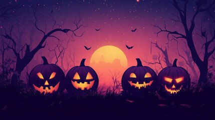 Happy Halloween banner or party invitation background with clouds, bats and pumpkins in paper cut style. Vector illustration. Full moon in orange sky, spiders web and witch cauldron. Place for text 