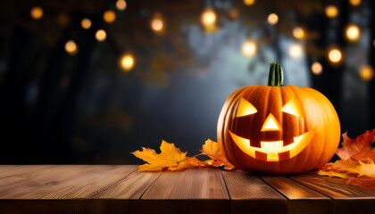  Empty Halloween tabletop with a glowing pumpkin and fallen leaves. _1(511)