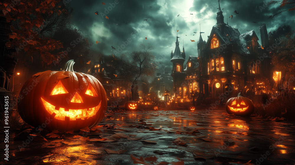 Fototapete happy halloween banner or party invitation background with clouds, bats and pumpkins in paper cut st