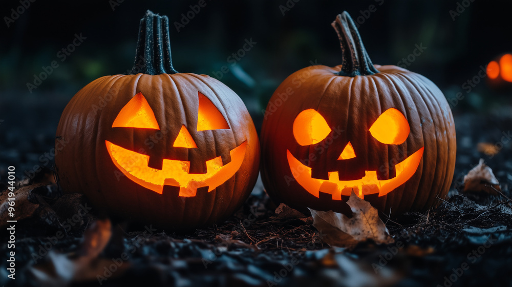 Fototapete happy halloween banner or party invitation background with clouds, bats and pumpkins in paper cut st
