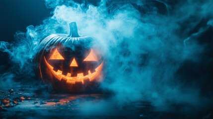 Happy Halloween banner or party invitation background with clouds, bats and pumpkins in paper cut style. Vector illustration. Full moon in orange sky, spiders web and witch cauldron. Place for text 