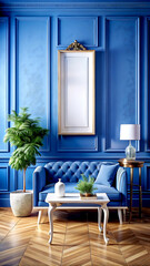 Eclectic home interior in classic blue color, 3d render, white Mock up frame