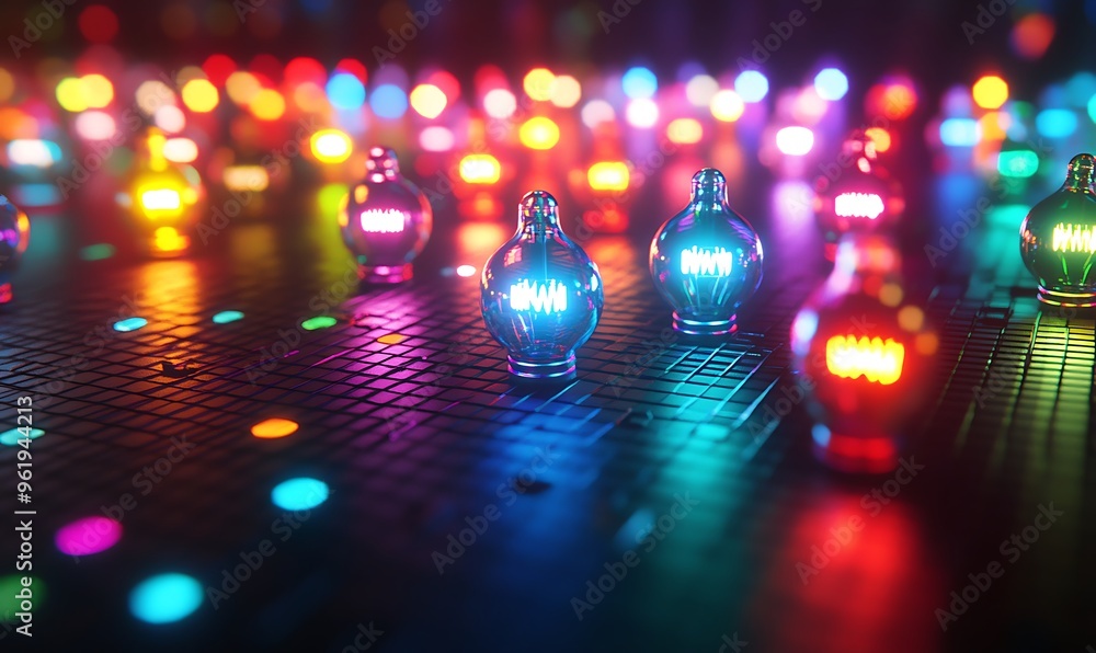Poster illuminated light bulbs on a gridded surface with a bokeh background