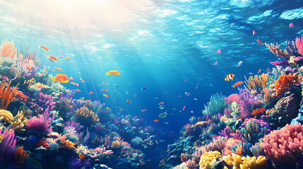Naklejka premium The vibrant coral reefs and tropical fish of the great barrier reef, australia, with the sun filtering through the water - generative ai. Coral Reef. Illustration