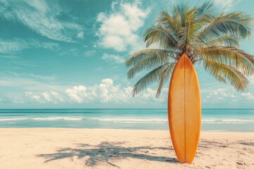 Surfboard and palm tree on vintage beach background summer travel concept