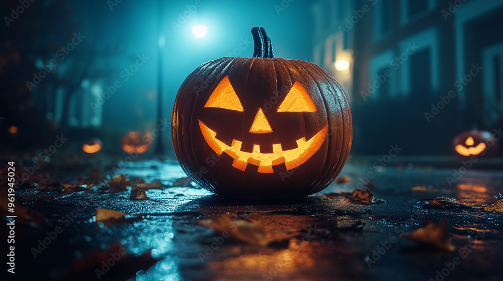 Fototapete happy halloween banner or party invitation background with clouds, bats and pumpkins in paper cut st