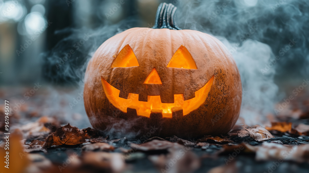 Fototapete happy halloween banner or party invitation background with clouds, bats and pumpkins in paper cut st