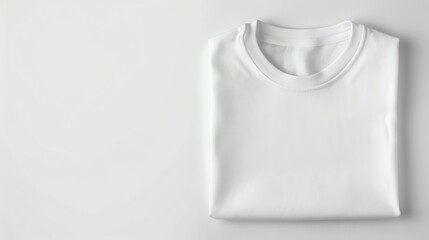 A white t-shirt is folded on a white surface.