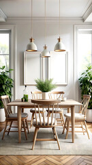Farmhouse dining room interior, wall mockup, 3d render, white Mock up frame