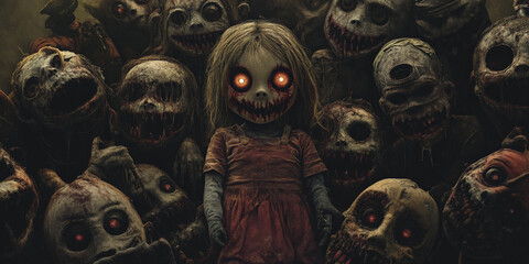 A nightmare landscape of giant creepy dolls surrounding a child, their eyes glowing and faces twisted with sinister grins.