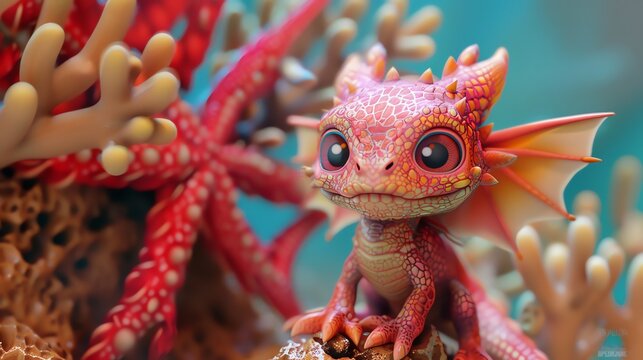 A cute, small, red dragon with large eyes is sitting on a rock surrounded by coral. - Powered by Adobe