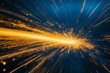 Long exposure light trails of golden firework-like patterns streaking across the sky, set against a deep blue backdrop.