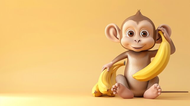 A cute cartoon monkey holding a banana in front of a yellow background.