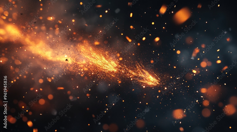 Poster exploding particles with bright sparks and fiery streaks, captured in motion on a dark background fo
