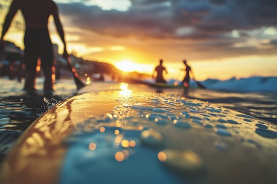 Surfer at sunset in Tenerife with others in background Sport travel concept with drops on lens