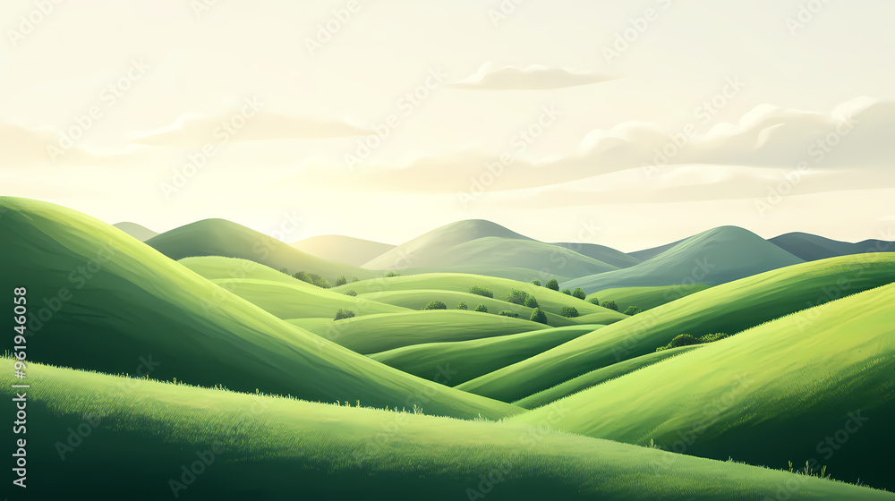 Wall mural Serene 2d illustration of rolling hills with lush green meadows and soft sunlight casting long shadows perfect for calming scenery. Rolling Hills. Illustration