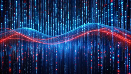 Waves of blue matrix code with red dangerous lines , technology, digital, programming, cyberpunk, abstract, futuristic