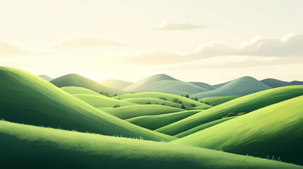 Serene 2d illustration of rolling hills with lush green meadows and soft sunlight casting long shadows perfect for calming scenery. Rolling Hills. Illustration