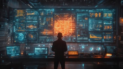 data analysts work in a sleek modern office filled with holographic screens displaying complex information ai assistants float nearby helping process vast amounts of data