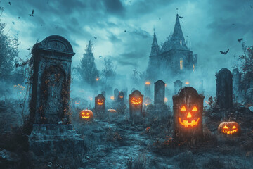A Halloween graveyard with overgrown tombstones, fog, and glowing jack-o'-lanterns under a stormy night sky.