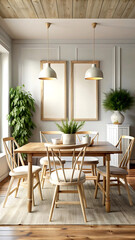 Farmhouse dining room interior, wall mockup, 3d render, white Mock up frame