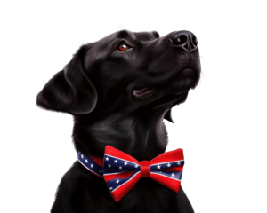 A charming black dog wearing a patriotic bow tie, with transparent background
