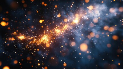 Fast-moving particles explode with glowing sparks and fiery energy, creating a dynamic visual on a dark backdrop