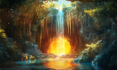 Naklejka premium Waterfall cascading into a glowing cave entrance