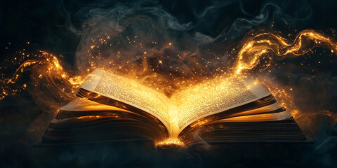 A glowing open book with ancient symbols rising from its pages, transforming into galaxies and stars in a cosmic swirl.