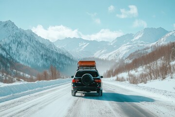 Suv with rooftop cargo carrier parked on winter road for family ski resort trip