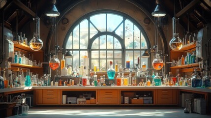 A Laboratory Filled with Glassware and Colorful Chemicals