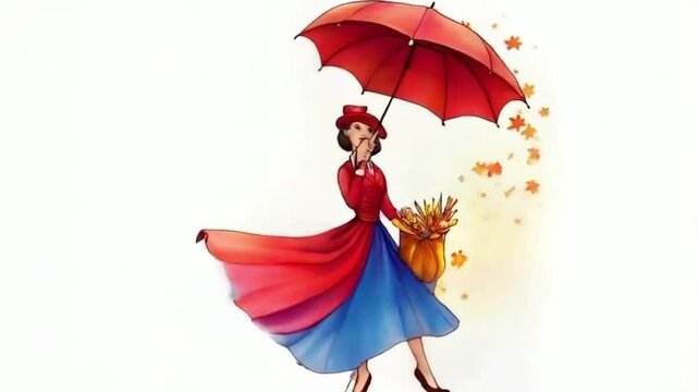 impressionante ilustra&ccedil;&atilde;o em aquarela de Mary Poppins voando graciosamente, com seu ic&ocirc;nico guarda-chuva e uma bolsa cheia de itens m&aacute;gicos.