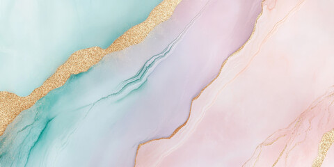 Fototapeta premium A soft pastel marble background with tones of lavender, mint, and blush blending with subtle gold veins.