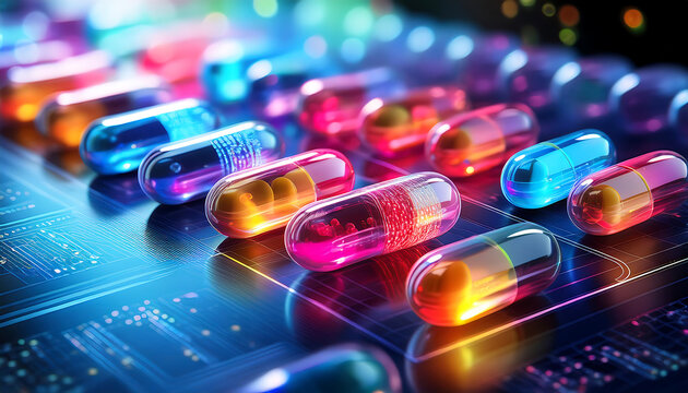  Futuristic concept of AI-enhanced pills in vibrant colors. _1(536)