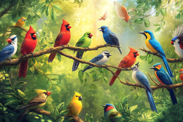 Colorful Songbirds Perched in Lush Forest