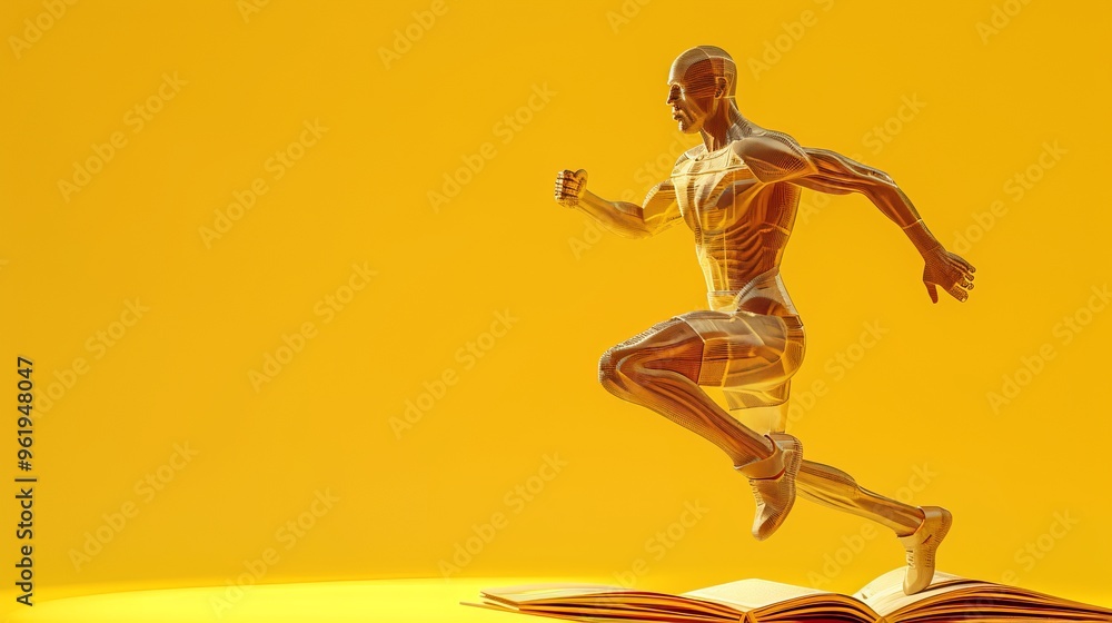 Poster a 3d-rendered image depicts a human figure in motion, seemingly leaping out of an open book. the fig