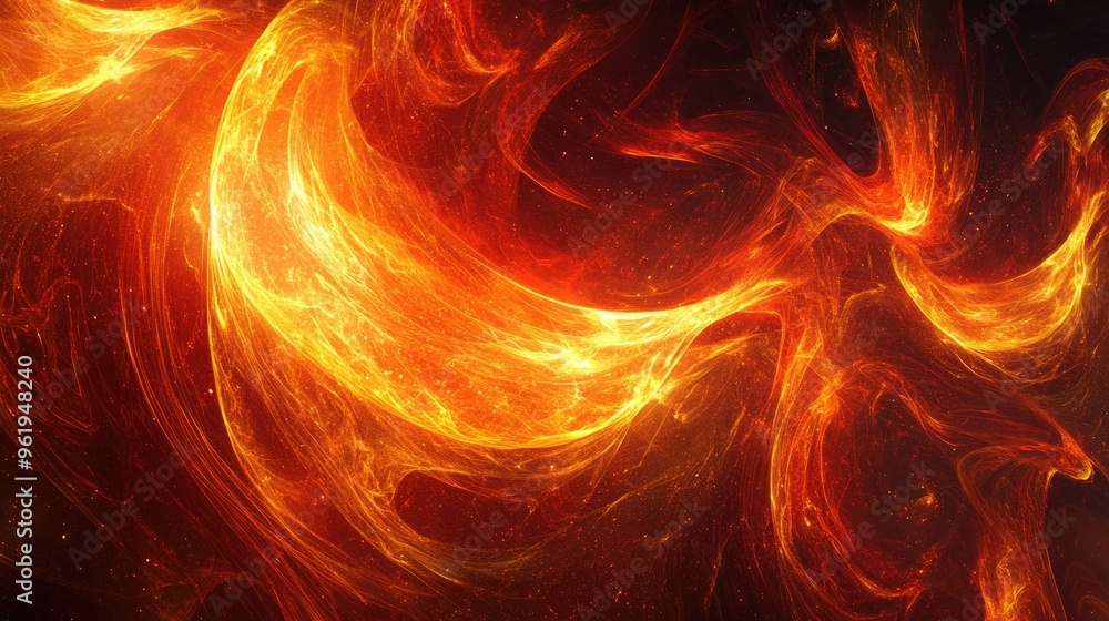 Poster fiery abstract design with flames in motion, twisting and flowing with dynamic energy, symbolizing h
