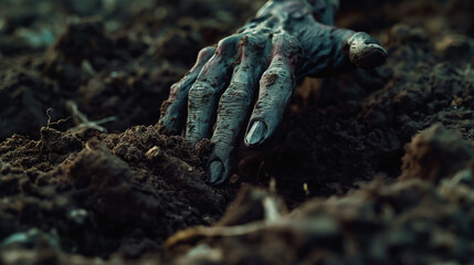 Close-up of decaying zombie hands emerging from graveyard soil with a dark and eerie atmosphere
