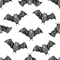 Naklejka premium Halloween background, watercolor black bat seamless pattern