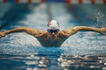 Swimmer competes in butterfly stroke during swim competition in pool