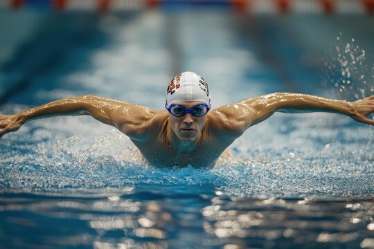 Swimmer competes in butterfly stroke during swim competition in pool