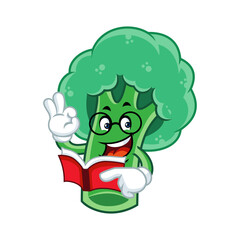 Cute broccoli mascot reading book cartoon vector icon illustration.