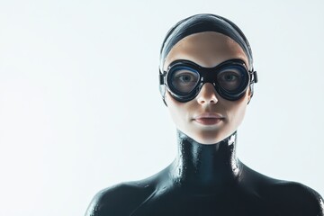 Swimmer in wetsuit and goggles on white background