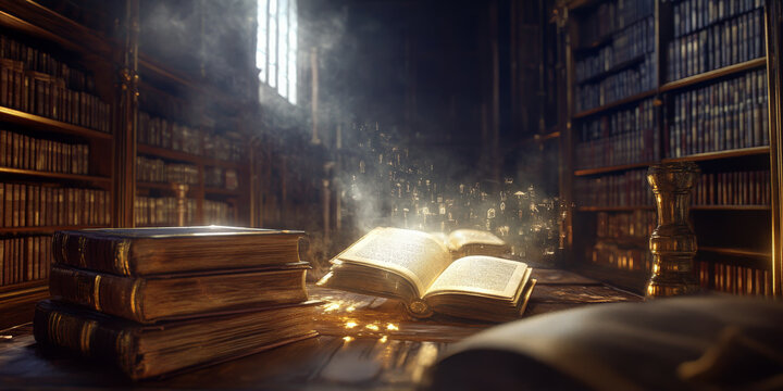 An old library where books glow softly, and stories from their pages seem to materialize into real-life scenes.