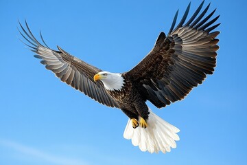 Obraz premium Bald Eagle Soaring in Clear Blue Sky
